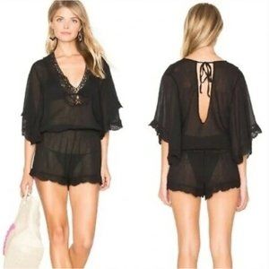 EBERJEY x REVOLVE Sol Liberty Lace Trimmed Romper Swim Cover-Up Black S/M NWT